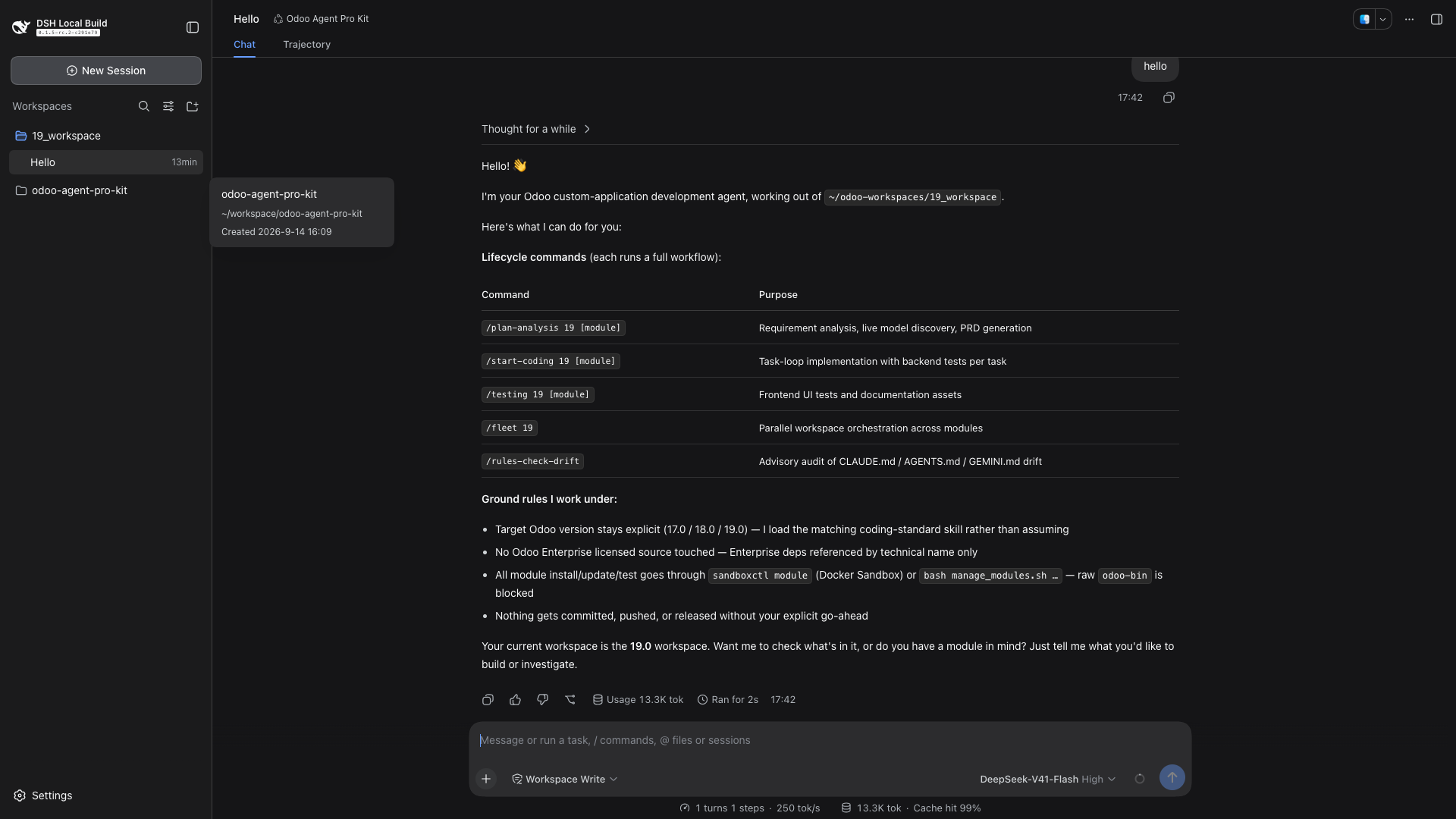 DeepSeek Harness running the Odoo Agent Pro Kit profile in an Odoo 19 workspace, showing lifecycle commands and development rules