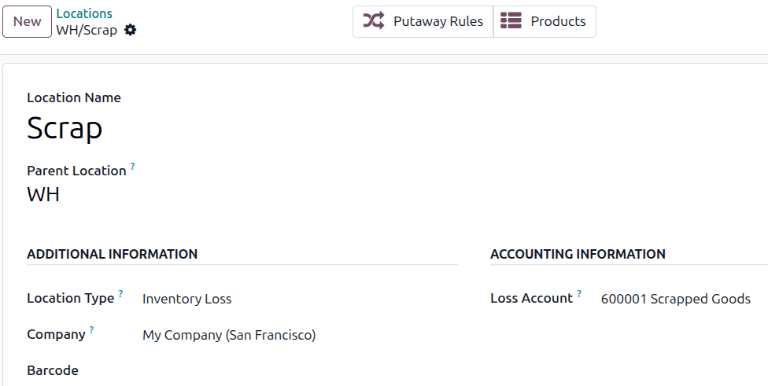 Odoo 20 documentation: inventory-loss location and loss account configuration.